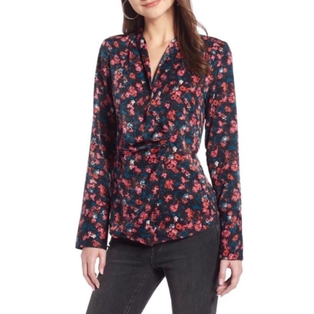 Something Navy | Floral Wrap Button Ruched Blouse